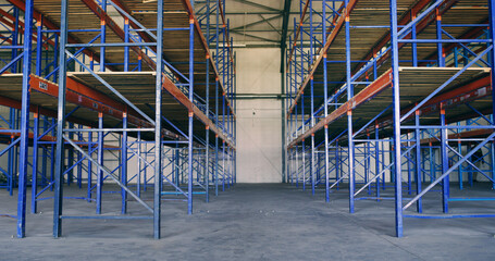 Empty, warehouse or storage racks in logistics for material handling system, supply chain or shipping. Distribution, low angle and industrial pallet shelves in factory for cargo storehouse or export