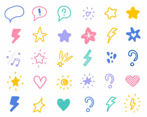 Collection of hand drawn doodle icons with stars hearts lightning bolts and question marks