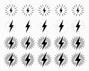 Collection of black lightning bolt icons with starburst and dot effects