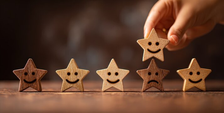 Hand placing a smiling star among others with diverse expressions, conveying concepts of satisfaction, feedback, and ratings on a wooden surface