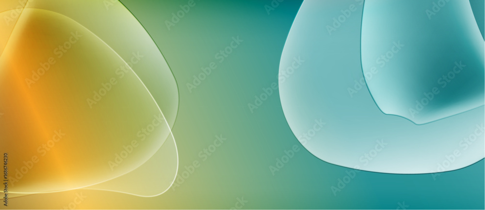 Poster abstract shapes overlap, creating soft gradients. colors range from gold to teal. smooth textures su