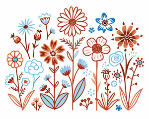 Whimsical hand drawn floral illustration with orange and blue flowers