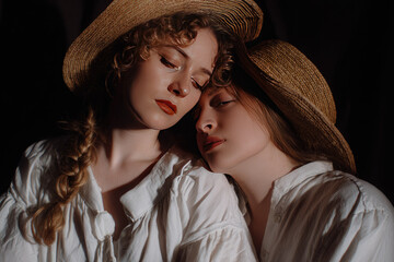 Two women in rustic white shirts and straw hats, with soft lighting and emotional expressions, evoke vintage countryside mood, close together in warm, intimate portrait