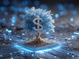 Money tree with glowing blue leaves grows from microchip symbolizing digital growth and financial technology innovation in futuristic concept