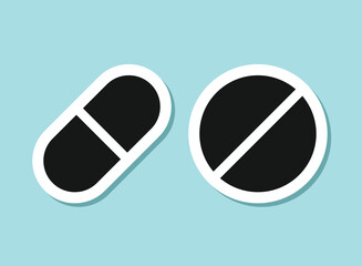 Pills capsules sticker icon in flat style. Medical tablet vector illustration on isolated background. Healthcare drug sign business concept.