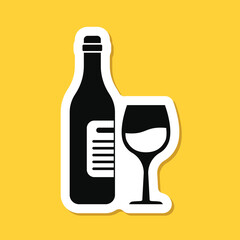 Wine bottle with glass sticker icon in flat style. Alcohol drink vector illustration on isolated background. Champagne beverage sign business concept.