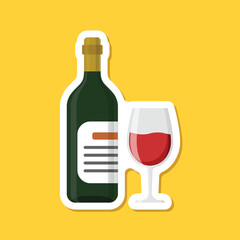 Wine bottle with glass sticker icon in flat style. Alcohol drink vector illustration on isolated background. Champagne beverage sign business concept.