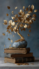 Fototapeta premium Golden money tree sculpture with glowing coins falling on old books symbolizing growth and wealth in creative artistic setting