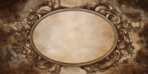Fototapeta premium Vintage ornate oval frame on aged parchment with elaborate scrollwork, blank space for certificate or decorative design - AI generated
