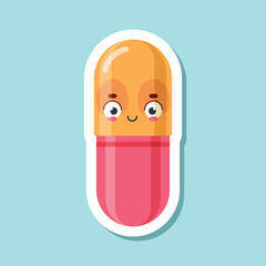Cute character pills sticker icon in flat style. Happy tablet vector illustration on isolated background. Medical drug sign business concept.