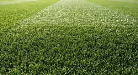 Overhead close-up of lush green football field grass with striped pattern.