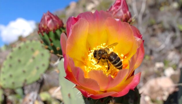 Bee pollinating a prickly pear flower