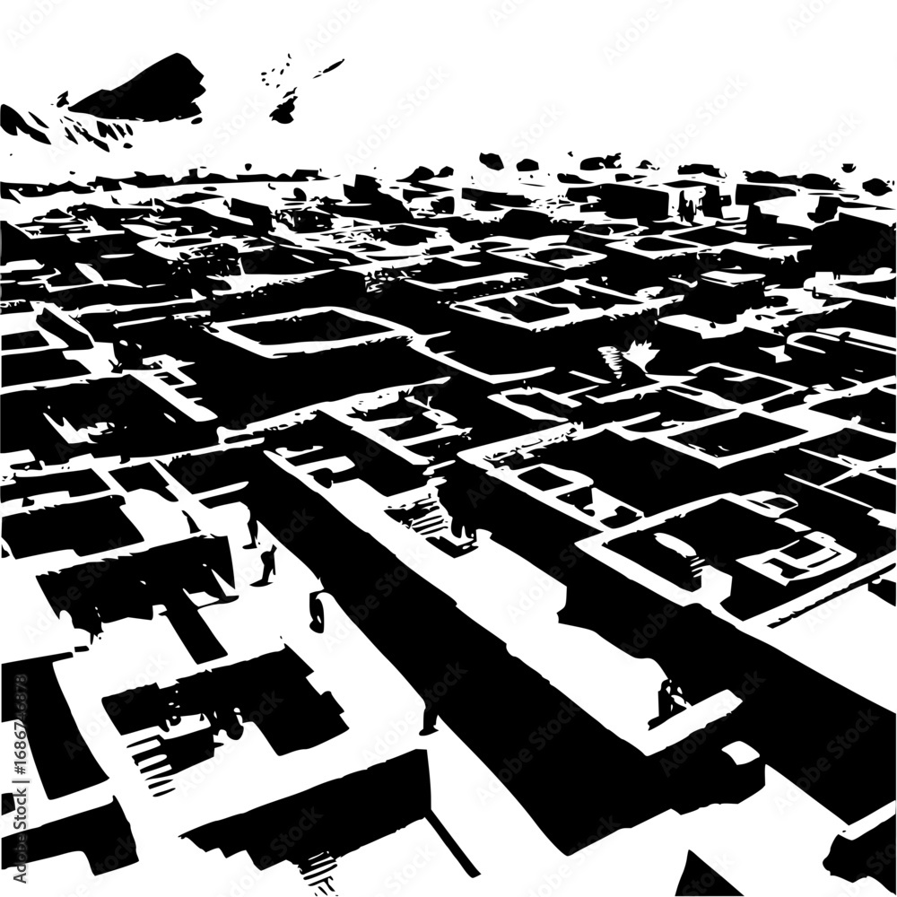 Poster abstract cityscape perspective with stark geometric buildings and tiny figures creating a modern urb