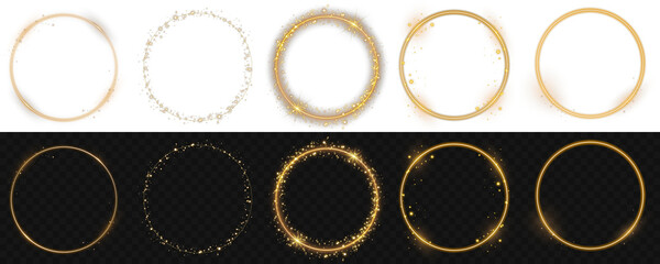 Gold glowing circle PNG. Sparkling golden ring with dust particles, glitter effect and shiny aura halo. Light round frame isolated on transparent background for elegant premium decoration.