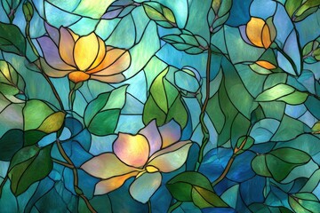 Blue and green stained glass foliage with glowing yellow blossoms, luminous botanical art window