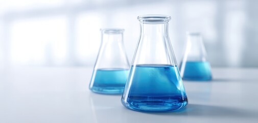 The laboratory glass flasks filled with vibrant blue liquid on display.