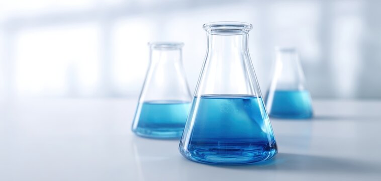 The laboratory glass flasks filled with vibrant blue liquid on display.
