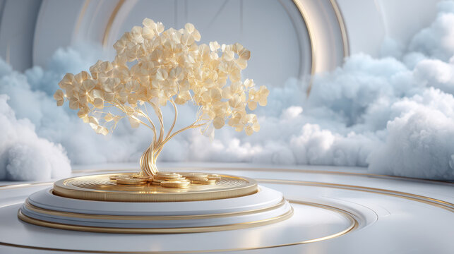 Golden money tree sculpture on round platform symbolizes financial glowth and prosperity with soft clouds and elegant background