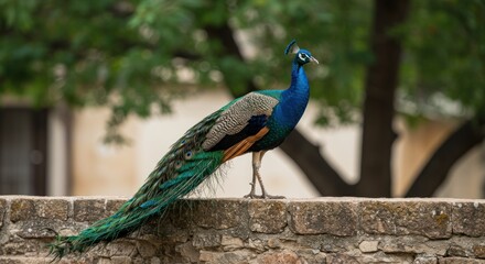 Peacock perched on stone wall