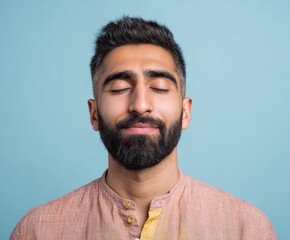 Fototapeta premium A man with closed eyes and a pleasant expression, wearing a light pinkish-tan shirt against a light blue backdrop.