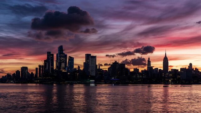 New York City Skyline and Hudson River, Beautiful Sunrise Timelapse