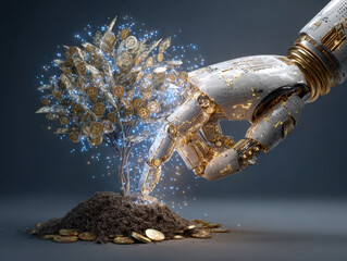 Robotic hand nurturing glowing money tree symbolizing financial growth and digital wealth in futuristic concept of prosperity and technology