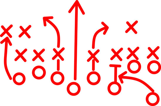 Red hand-drawn football play diagram with X and O symbols and arrows on white background, showing tactical game plan for coaching, training, and strategy concepts.
