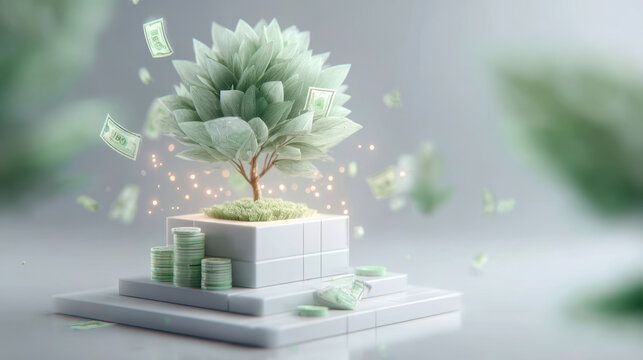 Money tree glowing with growth concept on white platform with floating banknotes and coins in soft light