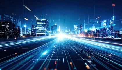 Futuristic digital city at night with glowing data streams and advanced technology infrastructure
