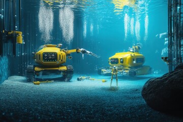 Exploration robots engaged in underwater research in a vibrant aquatic environment