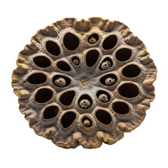 Detailed close-up of a dried lotus seed pod, isolated on a transparent background, showcasing its intricate seed holes and organic objects