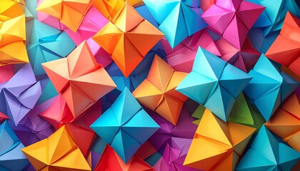 The bright and colorful abstract background features a variety of beautifully folded paper origami shapes, creating a visually appealing textured pattern.d