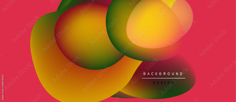 Poster abstract fluid shapes overlap, creating vibrant color gradients. red background enhances dynamic vis