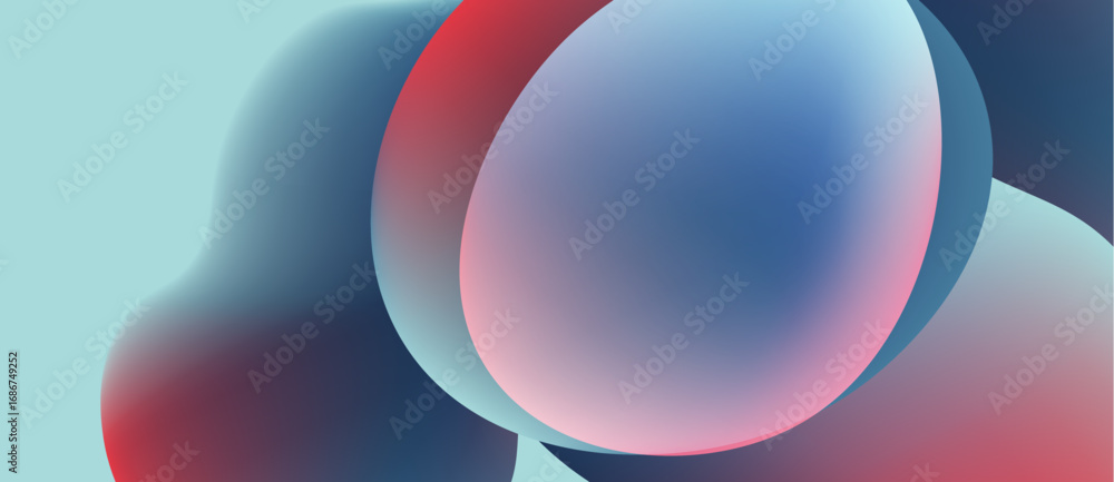 Poster Abstract fluid shapes blend, creating vibrant color gradients. Blue, red, turquoise hues dominate composition. Smooth transitions define forms.