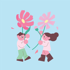 Couple holding cosmos flowers against a light blue backdrop Lovely couple