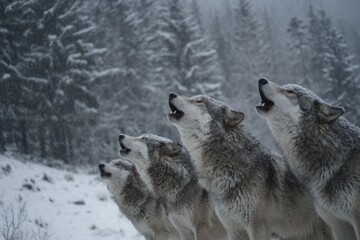 Fototapeta premium Wild deer and dogs with thick fur venture through a cold winter forest, their breaths visible in the icy air.