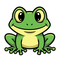 Obraz premium Cartoon illustration of a smiling green frog with big eyes and yellow belly, isolated on a white background.