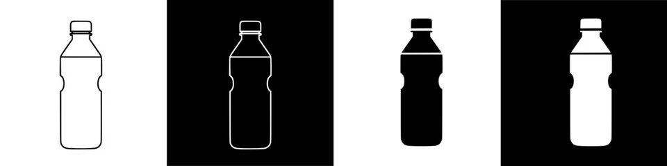Four variations of a plastic bottle, presented in contrasting black and white backgrounds.
