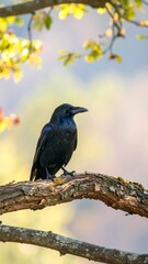 Naklejka premium Crow perched on branch, autumnal background