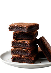 Isolated Stacked Brownies on White Plate Dessert Photo with Black Background