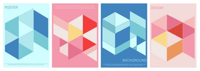Collection of Minimalist Abstract Geometric Shapes  Poster Backgrounds. Multi Color Triangle Structures Modern Art Design Template Set for Ads, Covers, and Social Media Graphics