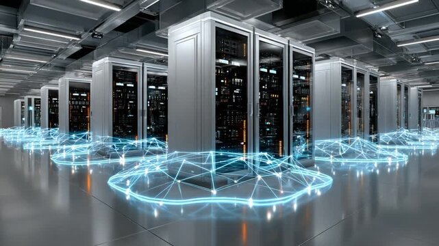 Digital Fortress: Witness the technological marvel of a data center, where sleek server racks stand tall, interconnected by a network of glowing digital pathways.