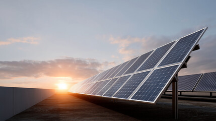 Solar panels glowing at sunrise, symbolizing renewable energy, solar energy, sunrise power, green technology, sustainable future, eco-friendly innovation