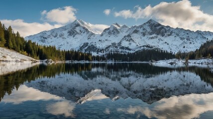 Crystal-clear alpine lake reflecting snowy peaks, high mountain scenery