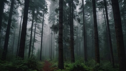 Obraz premium Dense foggy forest with tall pine trees, moody atmosphere, cinematic wide shot