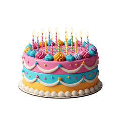 Colorful birthday cake with lit candles and decorative frosting.