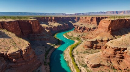 Sunlit canyon with turquoise river winding between steep red cliffs, high aerial view