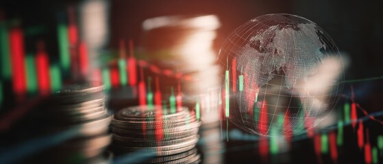 The globe surrounded by coins and financial charts reflecting market dynamics.