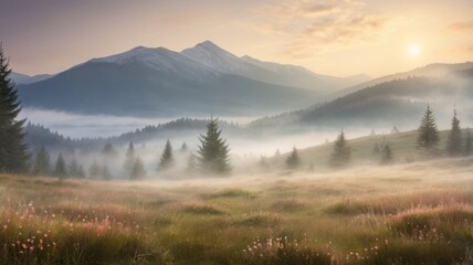 Obraz premium Morning fog drifting over mountain meadow with gentle color, soft focus edges, generous copy space