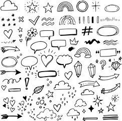Сollection of various black doodle elements, manga-style illustration pictogram icon set. EPS version.